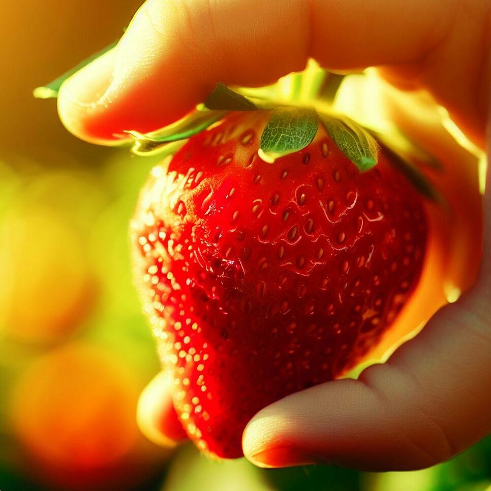 A childs hand holding a juicy red strawberry