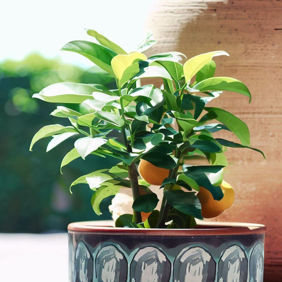 A citrus tree in a pot on a patio