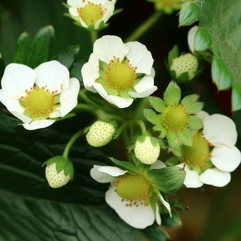 A strawberry plant showcasing white blossoms