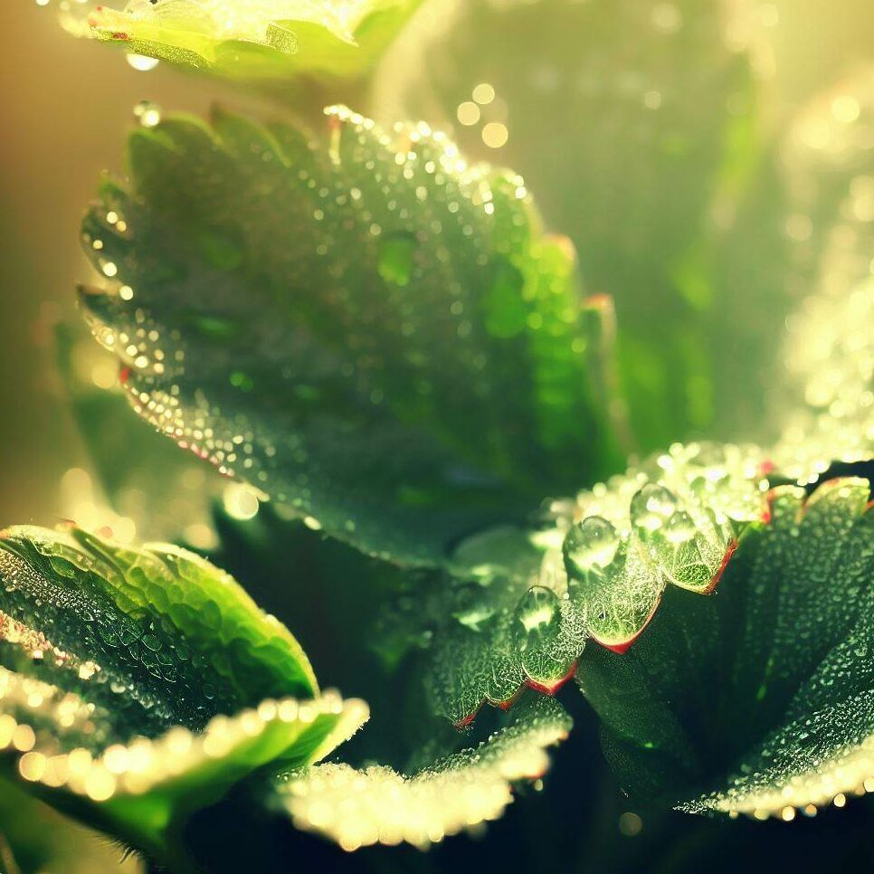 A strawberry plant with morning dew