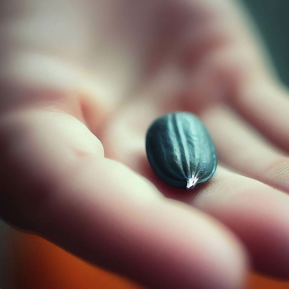 a child's hand holding a single pumpkin seed