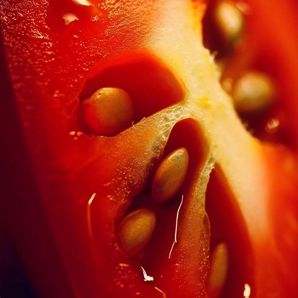 a close-up of a ripe tomato cut in half