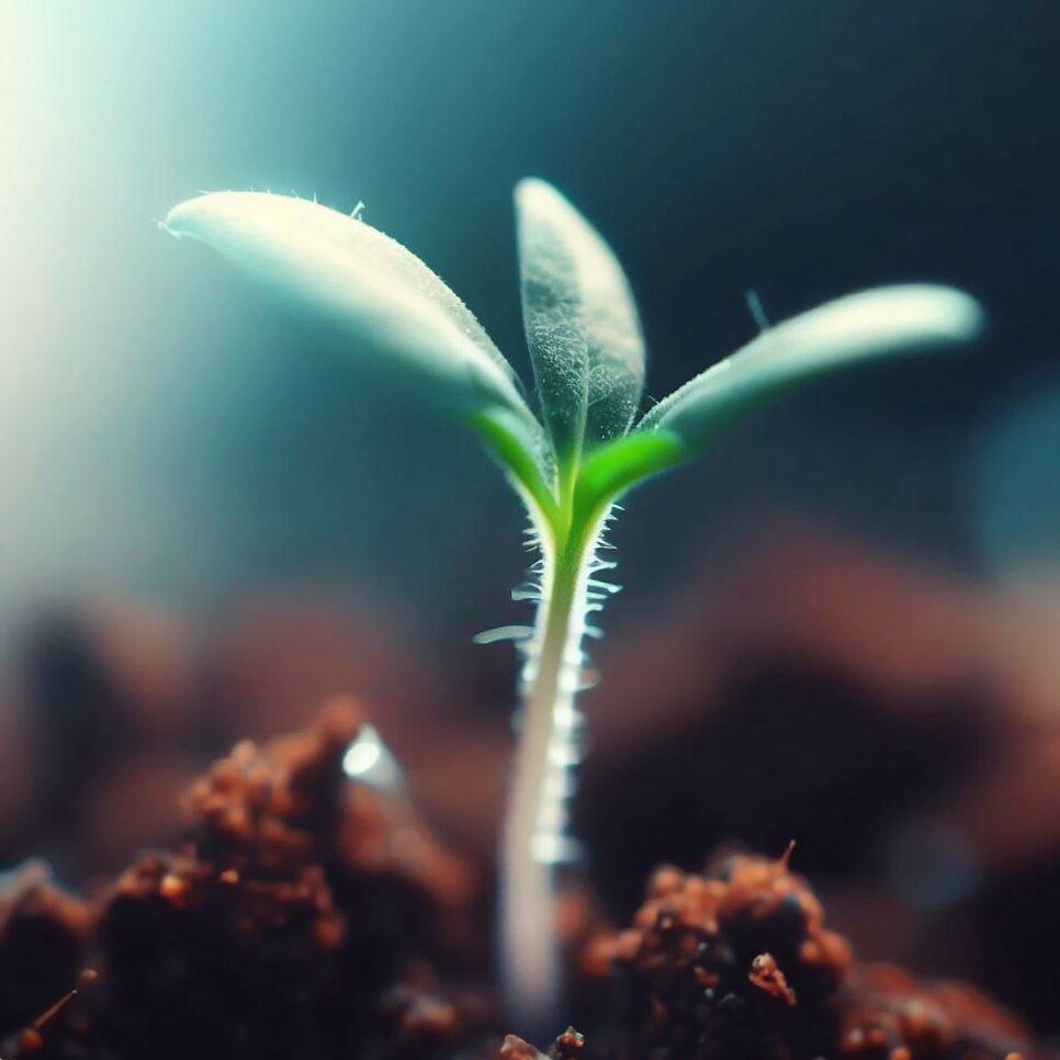 a close-up of a tomato seedling sprouting from the soil