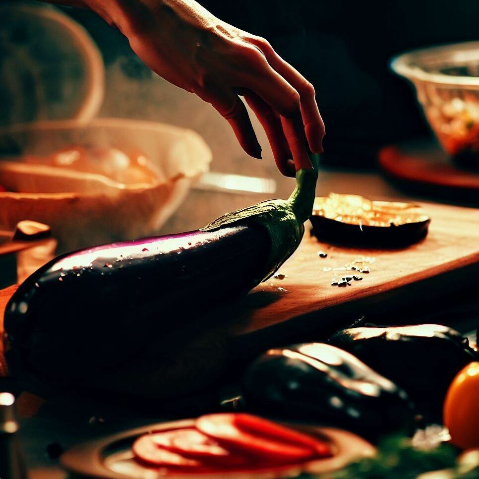 a culinary scene of eggplant being prepared