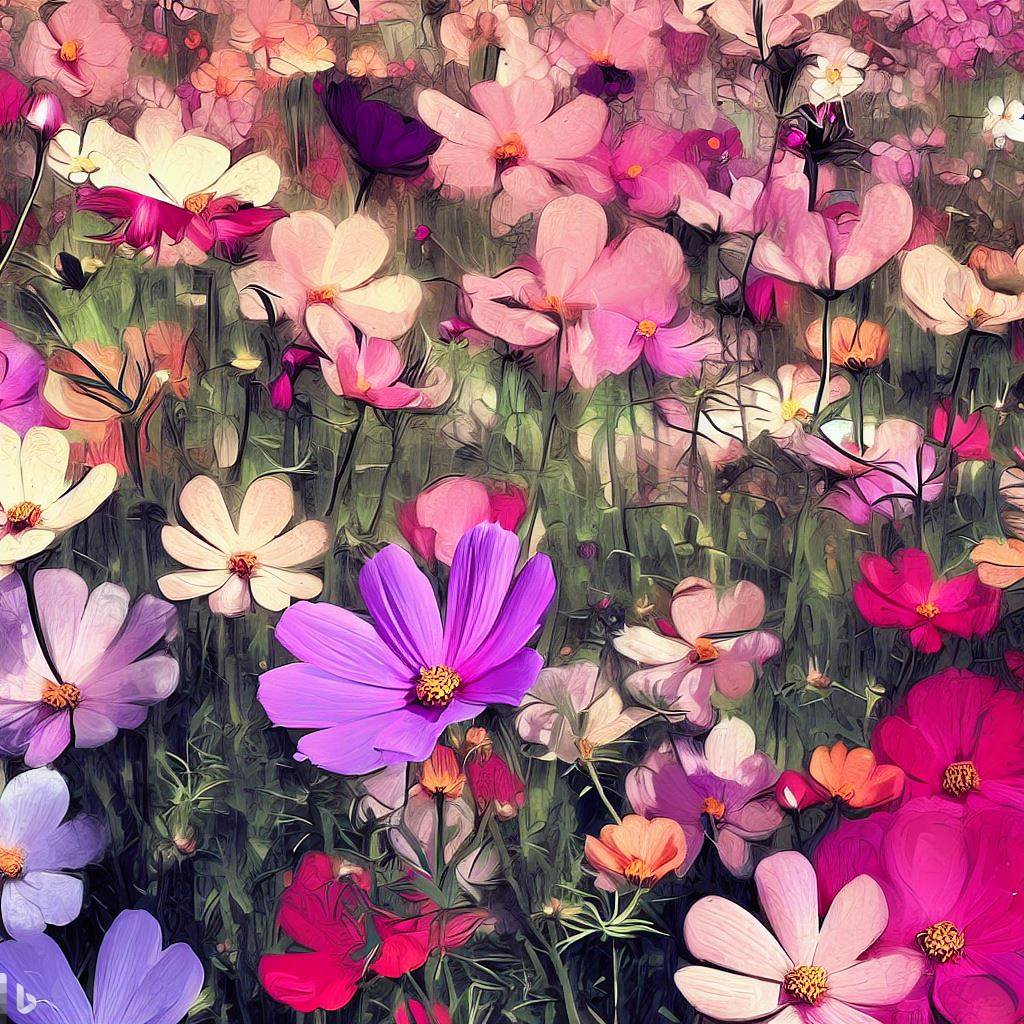 a garden full of cosmos flowers
