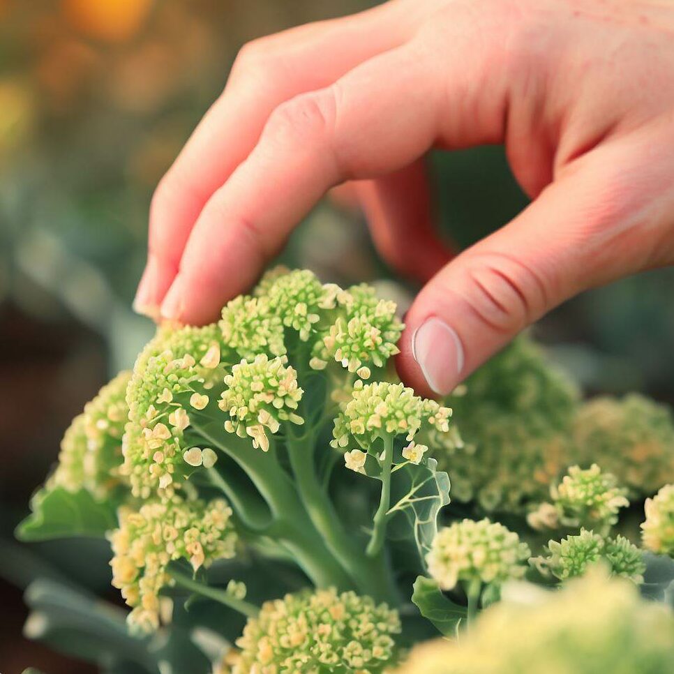 a gardener's hand gently pollinating broccoli flowers