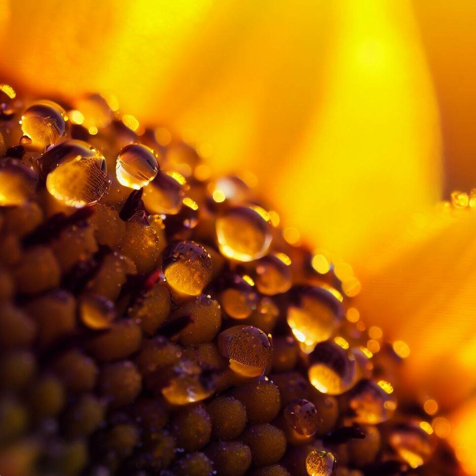 a macro shot of a sunflower with dewdrops