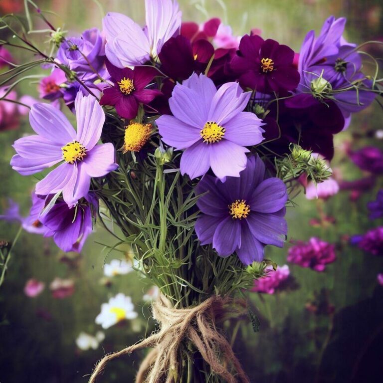 a-rustic-bouquet-featuring-purple-cosmos-flowers