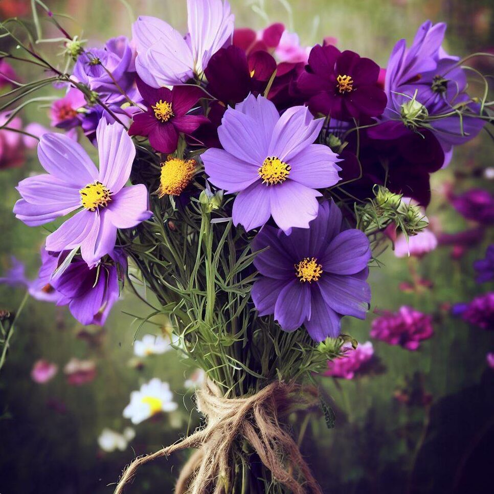 a rustic bouquet featuring purple cosmos flowers