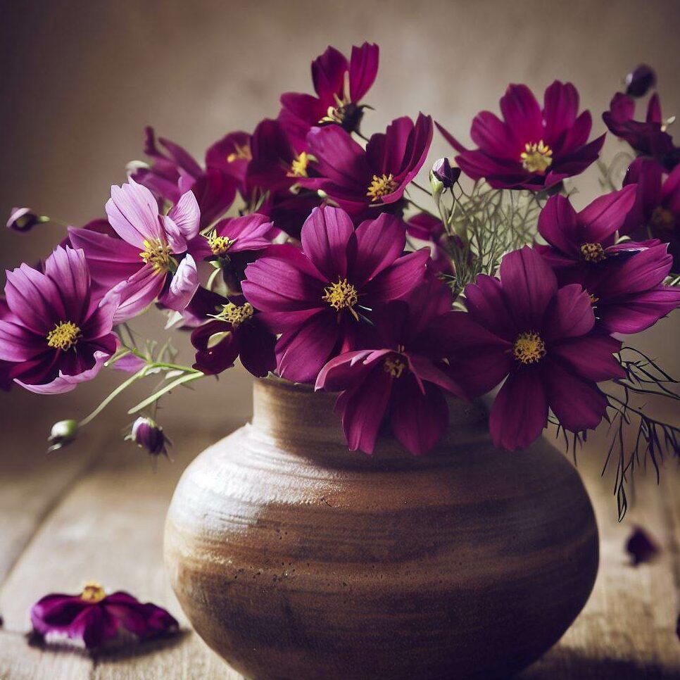 a rustic ceramic vase filled with plum-coloured cosmos flowers
