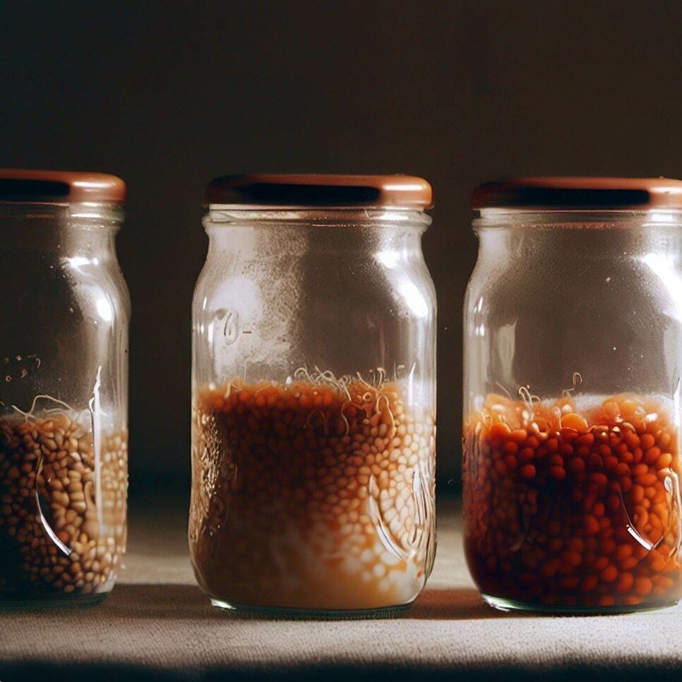 a series of jars showing the different stages of tomato seed fermentation