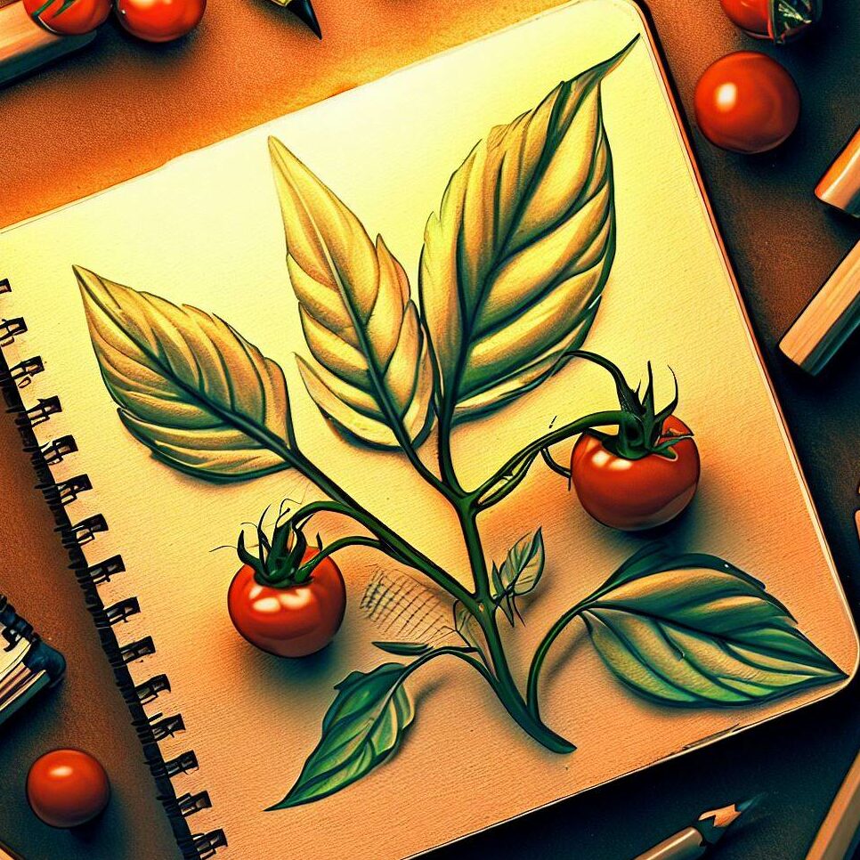 a top view of a notebook with tomato plant sketches