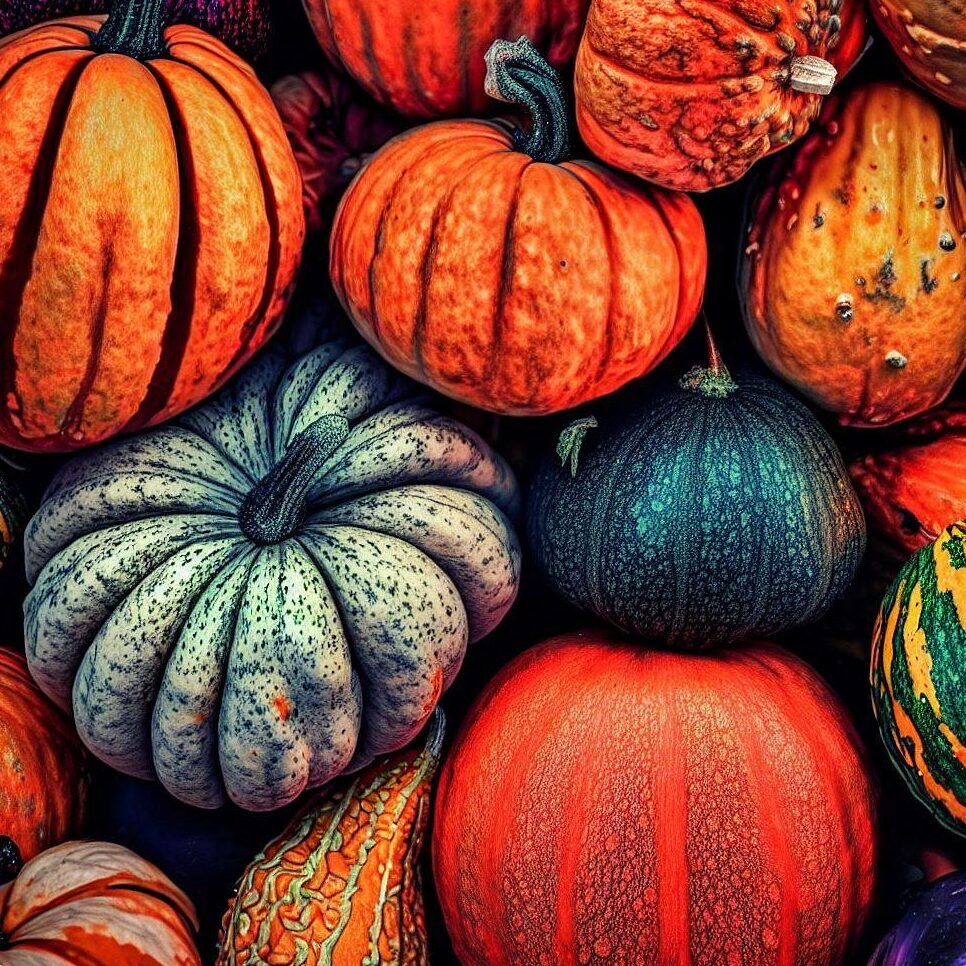 assorted pumpkins with different colors and shapes