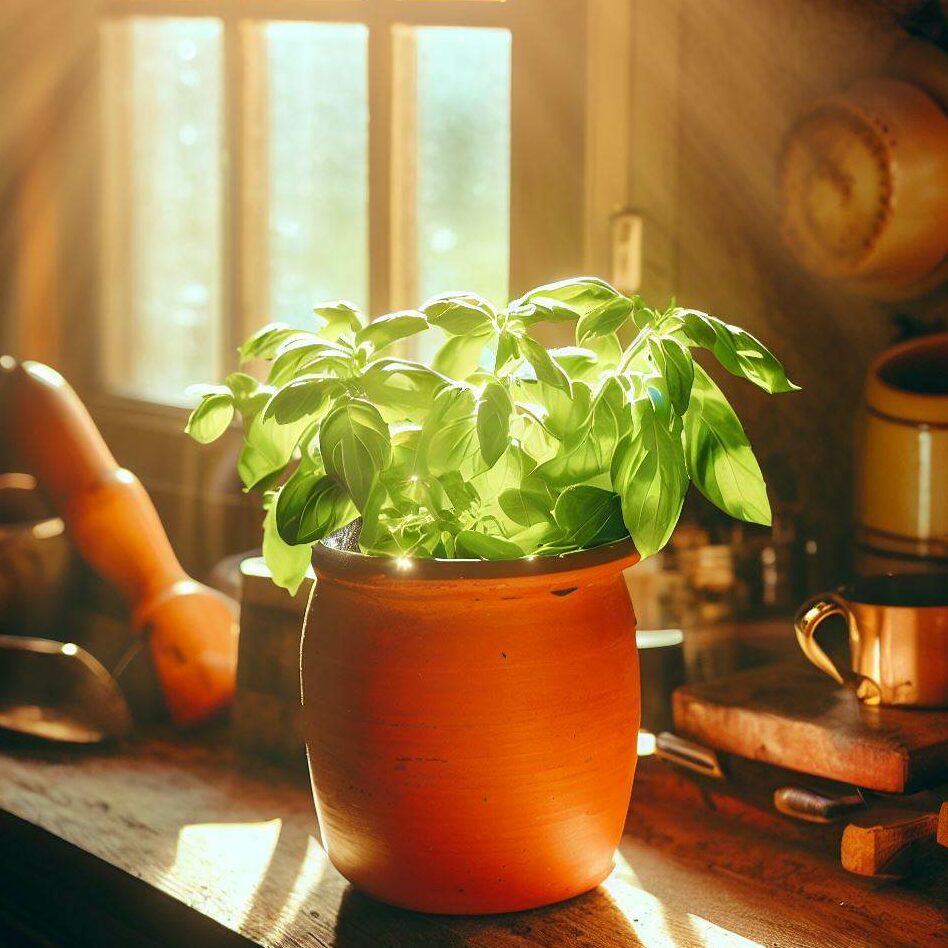 basil indoors in a pot