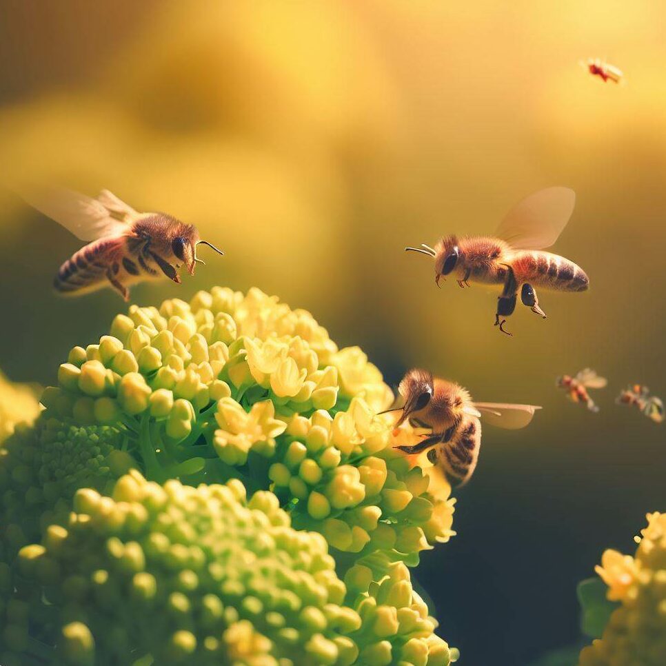 bees hovering around broccoli flowers