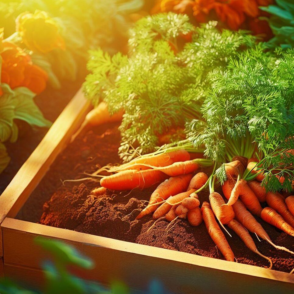 carrots being harvested in a raised bed