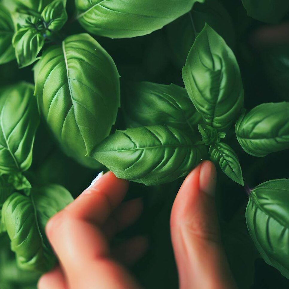 basil leaves being checked for pests