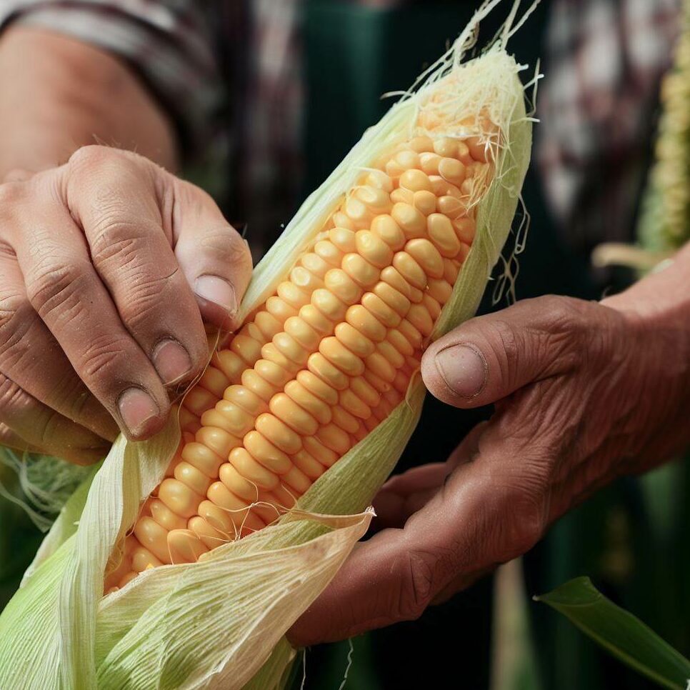 checking sweet corn for ripeness