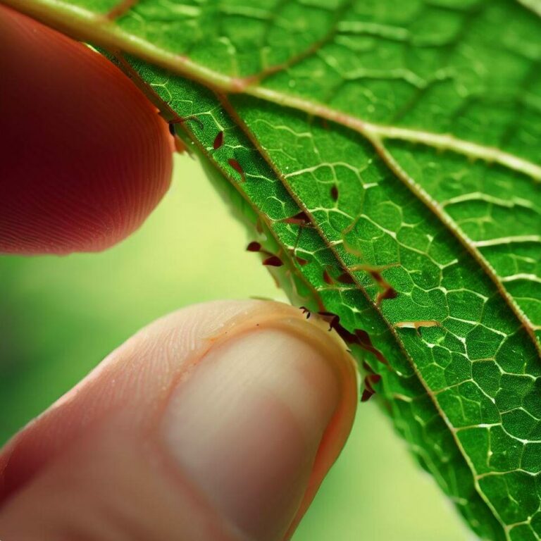 checking underside of leaf for aphids