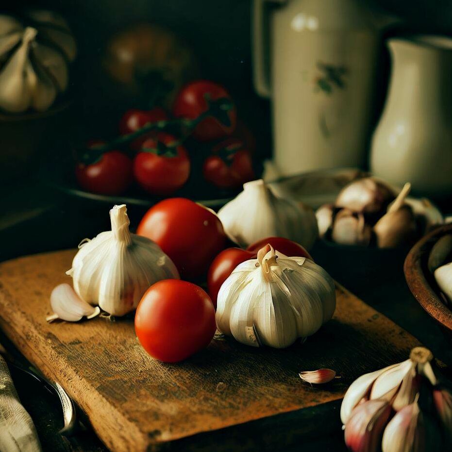 garlic and tomato together on a chopping board