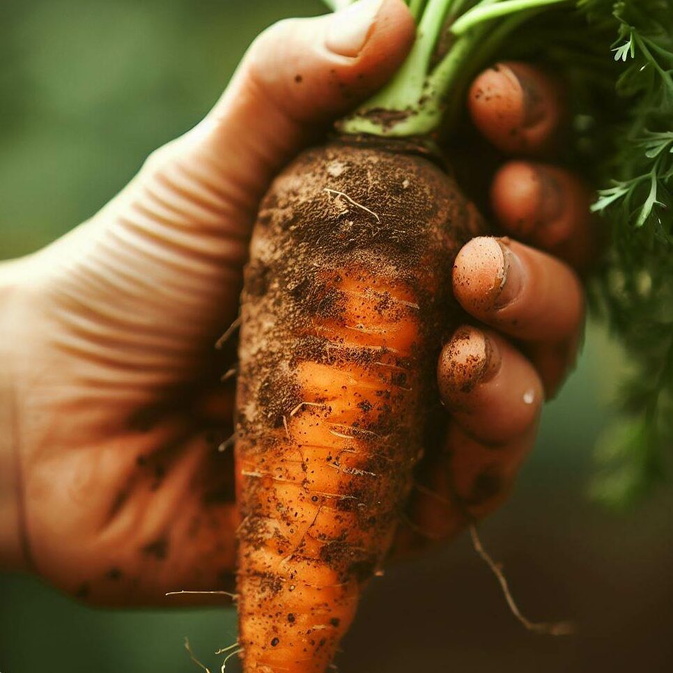 hand holding a harvested carrot