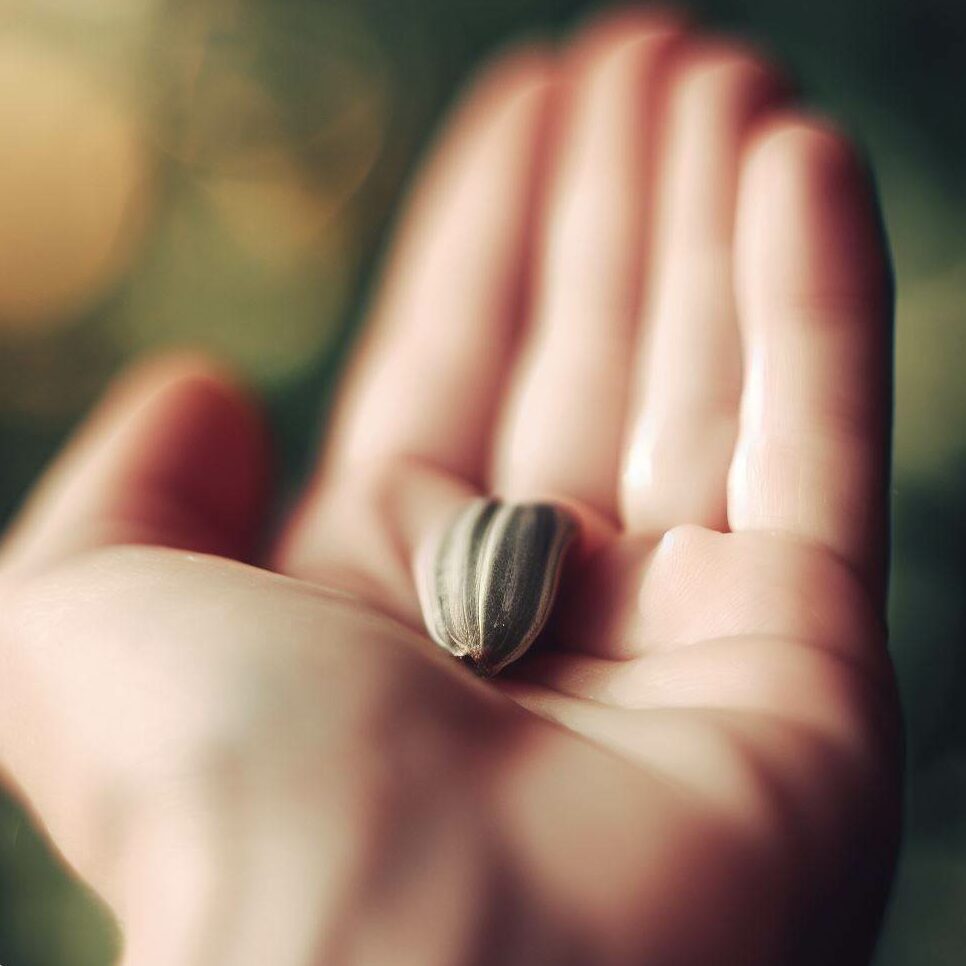 hand showcasing a sunflower seed