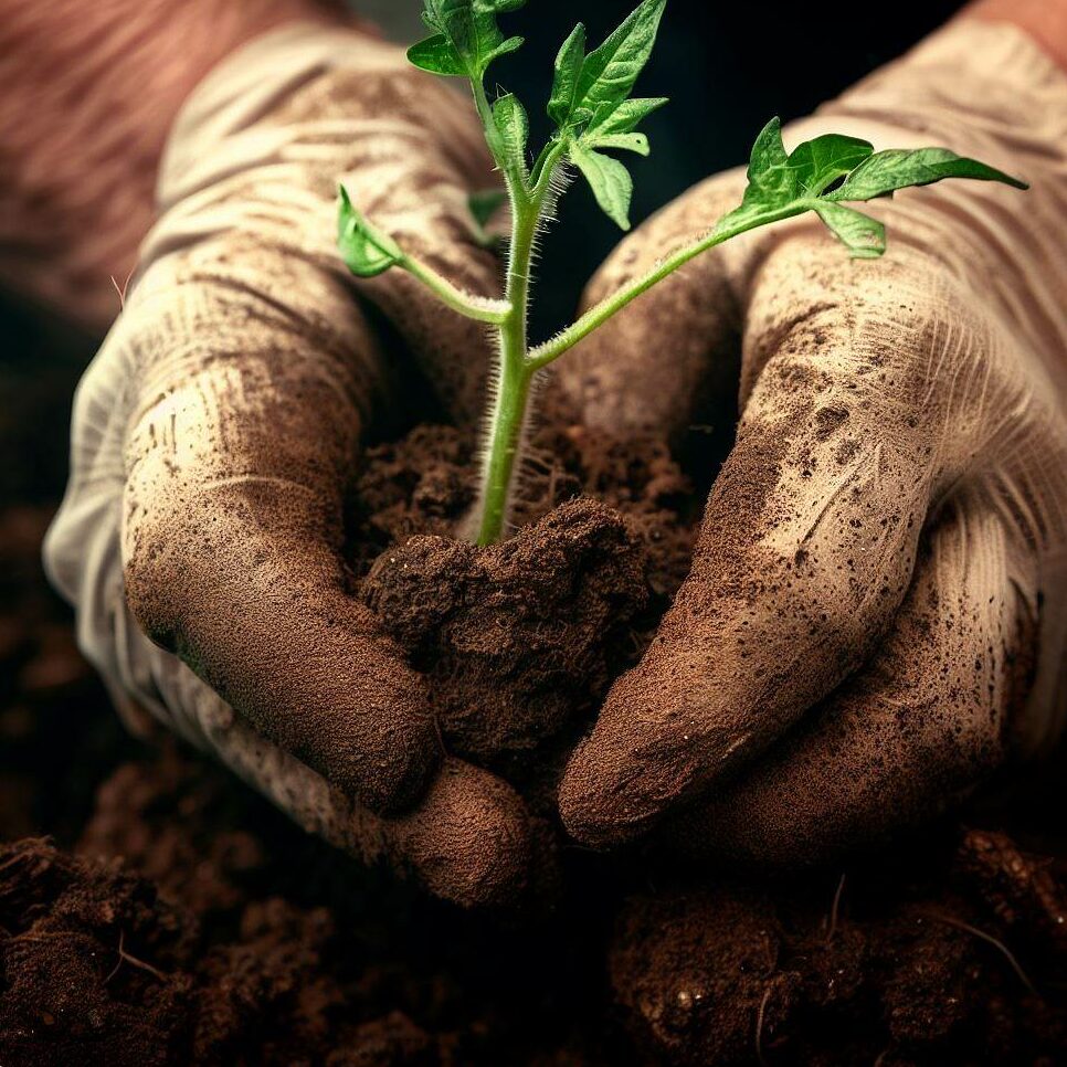 hands planting a tomato seedling