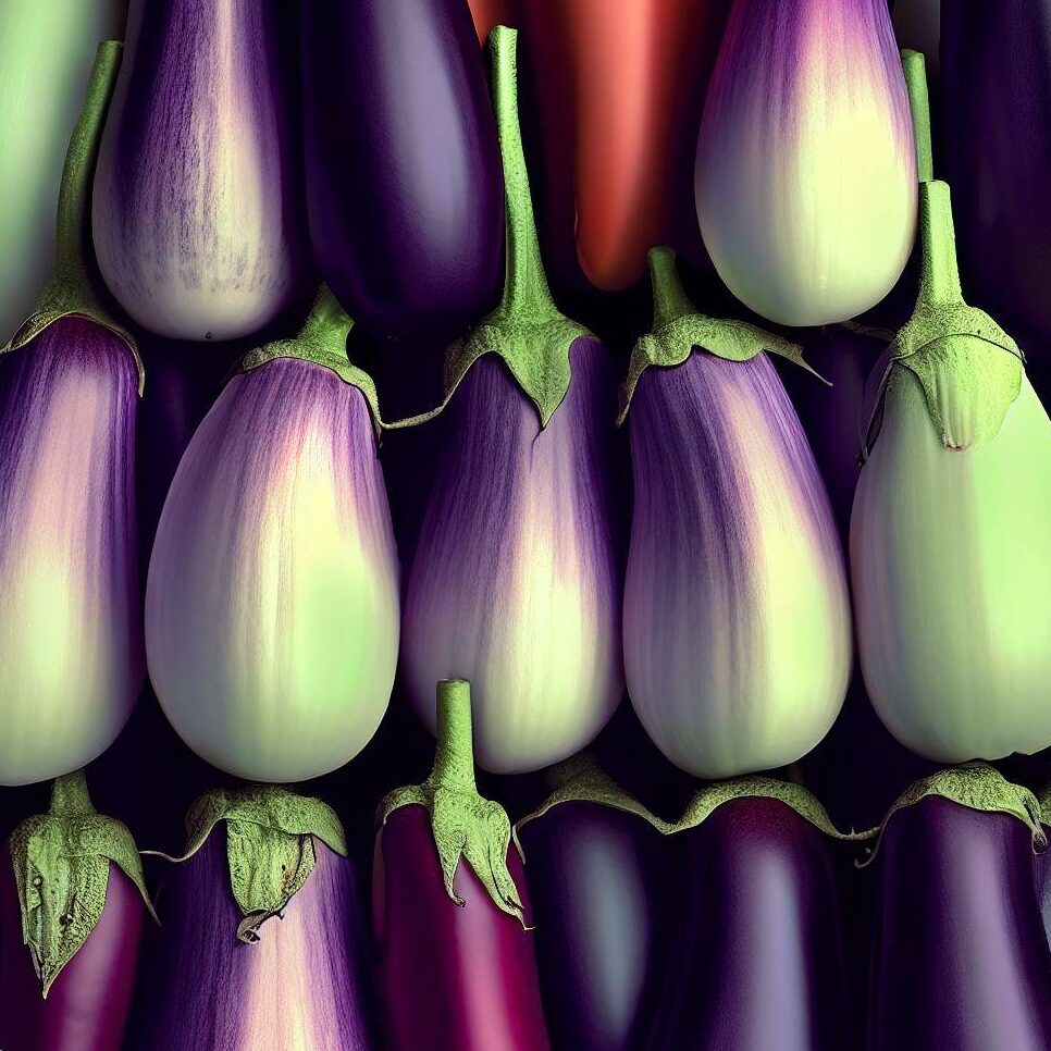 multiple eggplants showcasing different ripeness stages