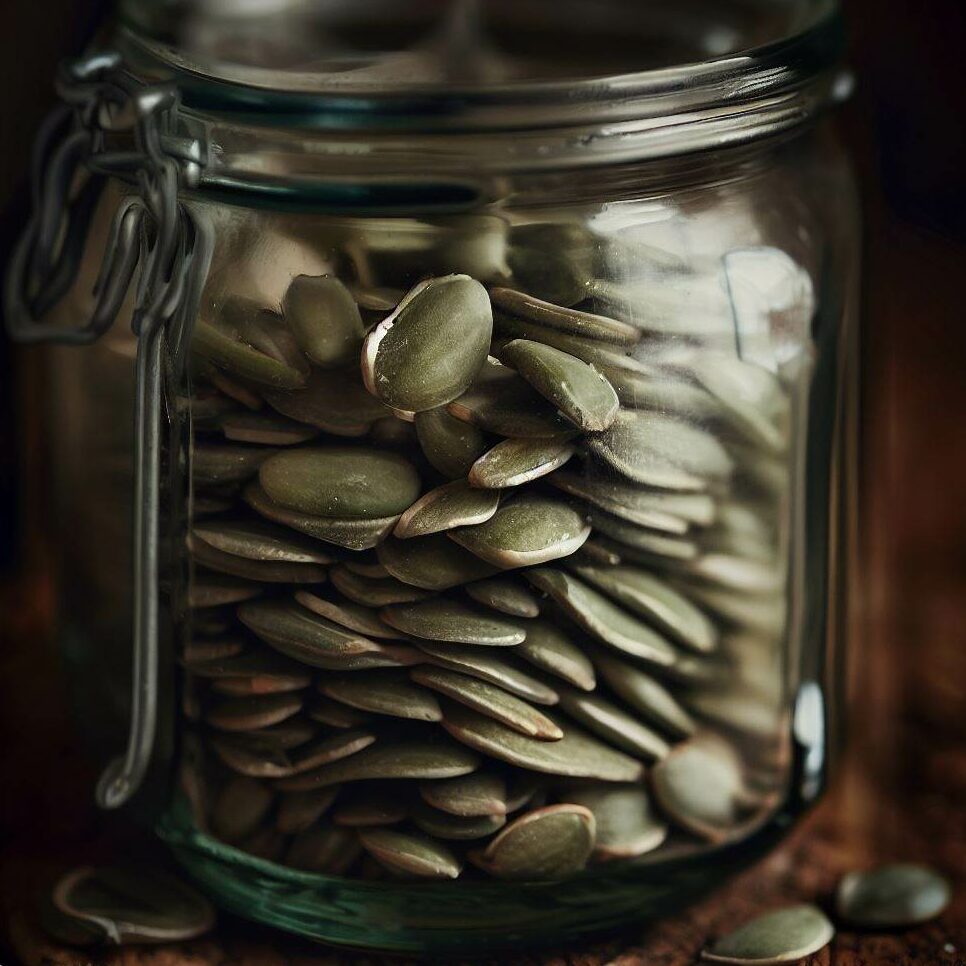 pumpkin seeds inside a clear glass jar