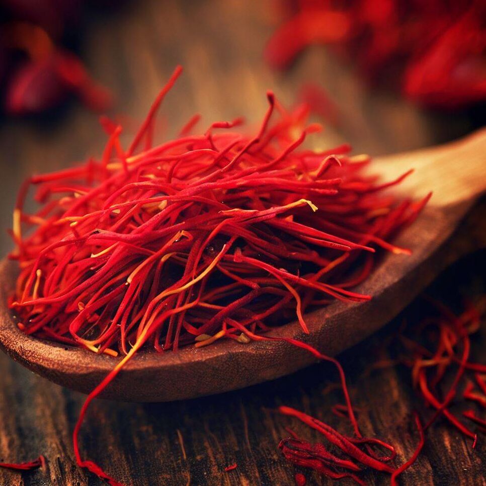 saffron threads on a wooden spoon