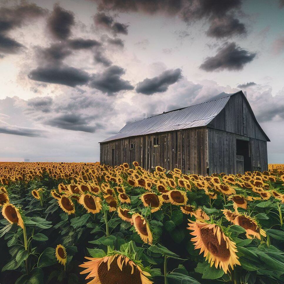 sunflower field with a rustic barn