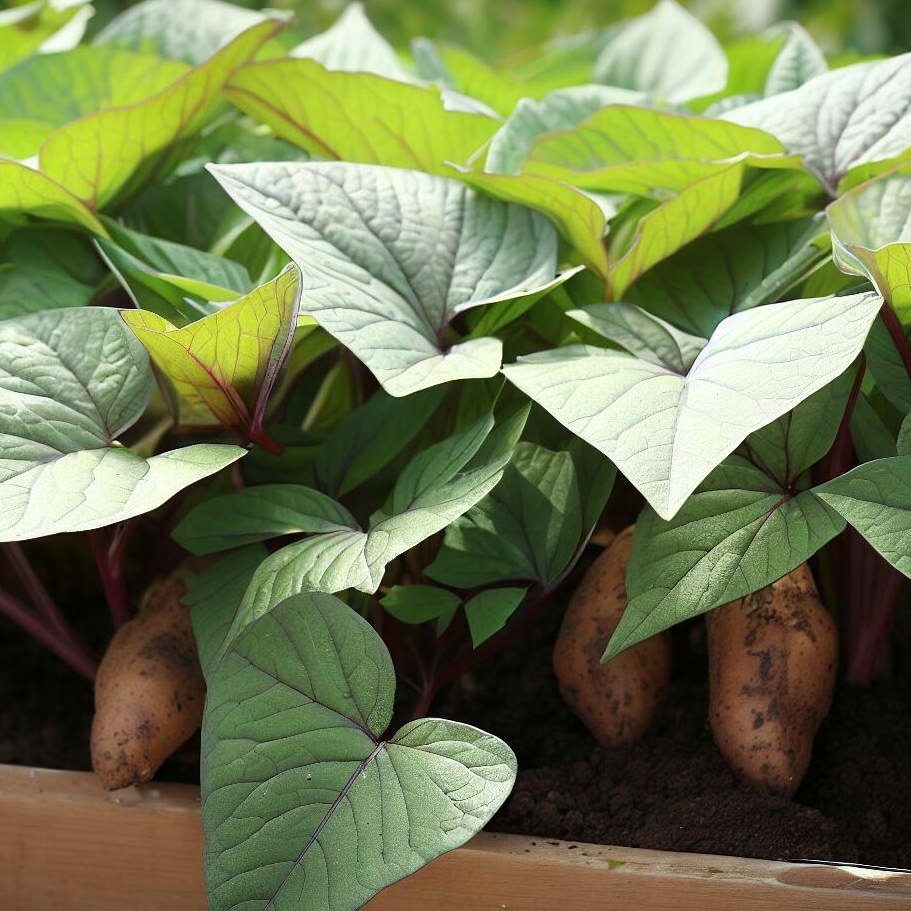 sweet potatos in a raised bed