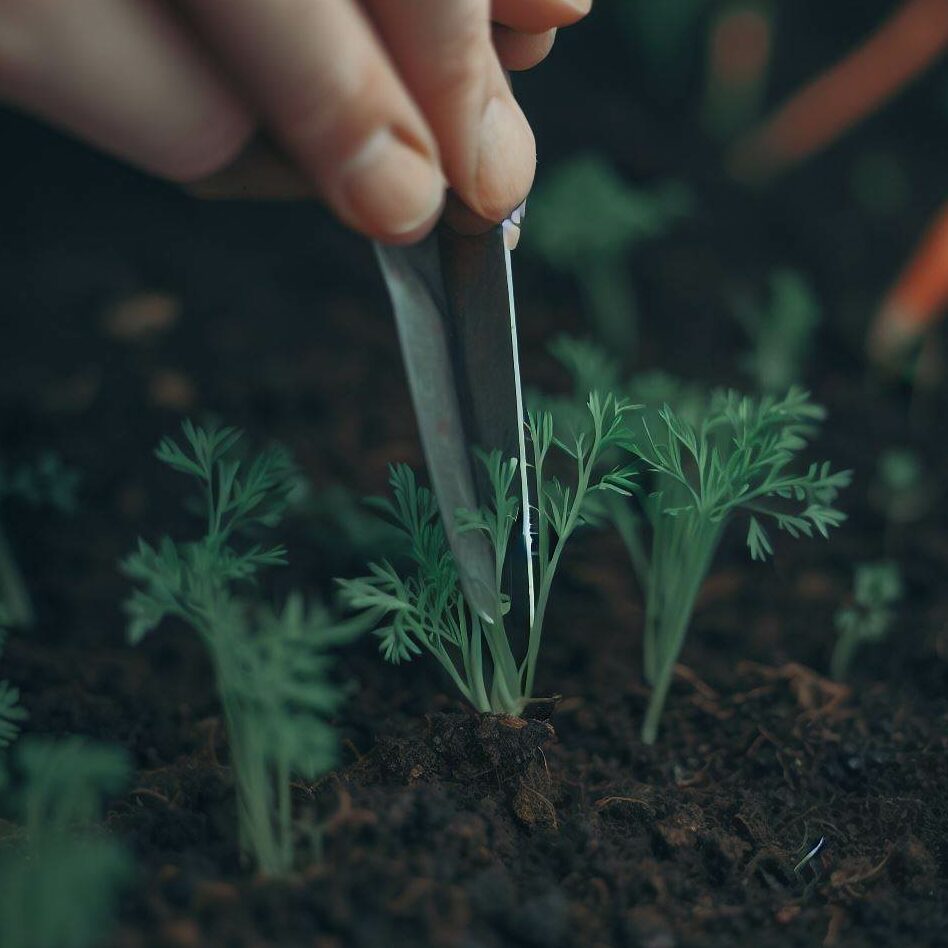 thinning carrot seedlings with scissors