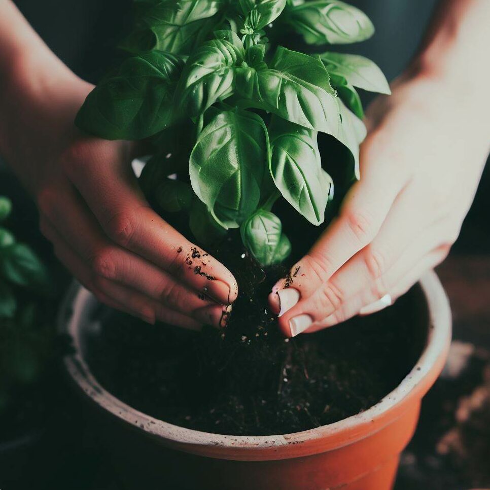 basil being transplanted in a pot