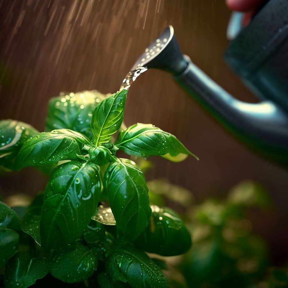 basil being watered by watering can