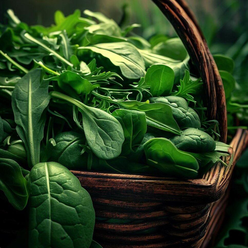 A basket full of freshly harvested arugula and spinach