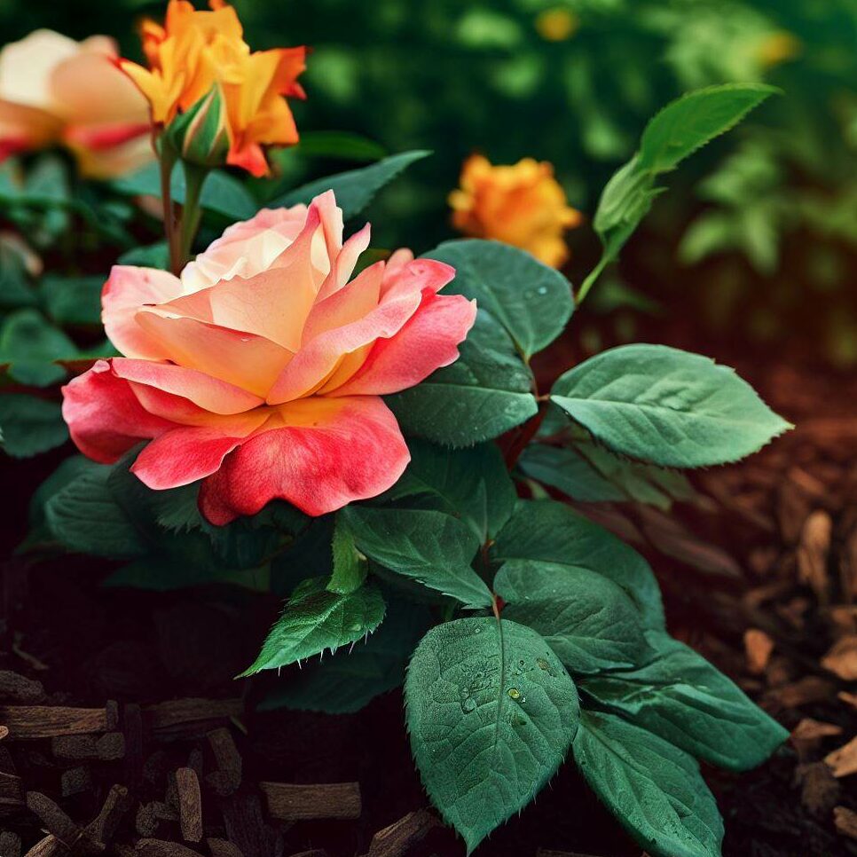 A blooming rose plant in a garden bed with biochar compost