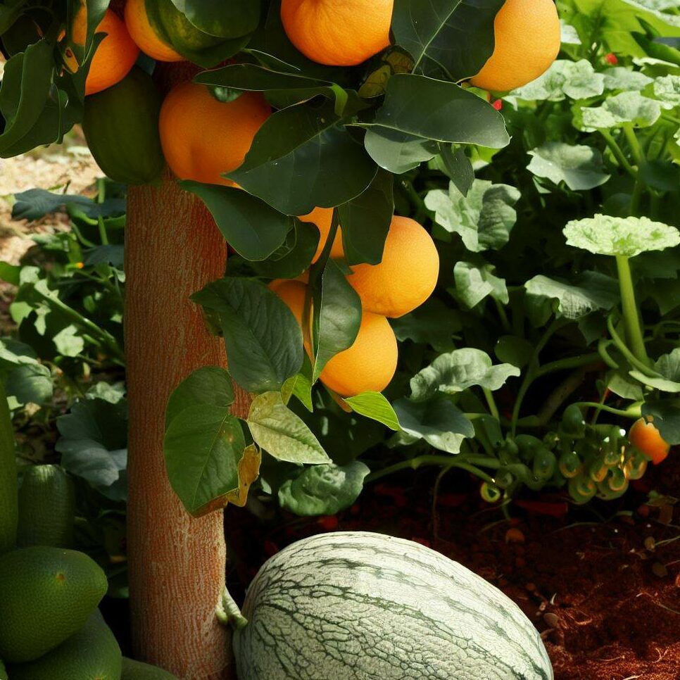 A citrus tree with alternative ground cover