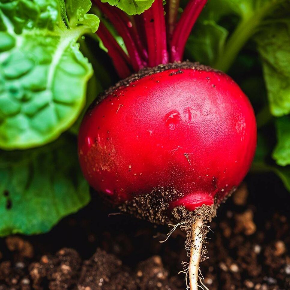 A close-up of a radish pulled from the soil