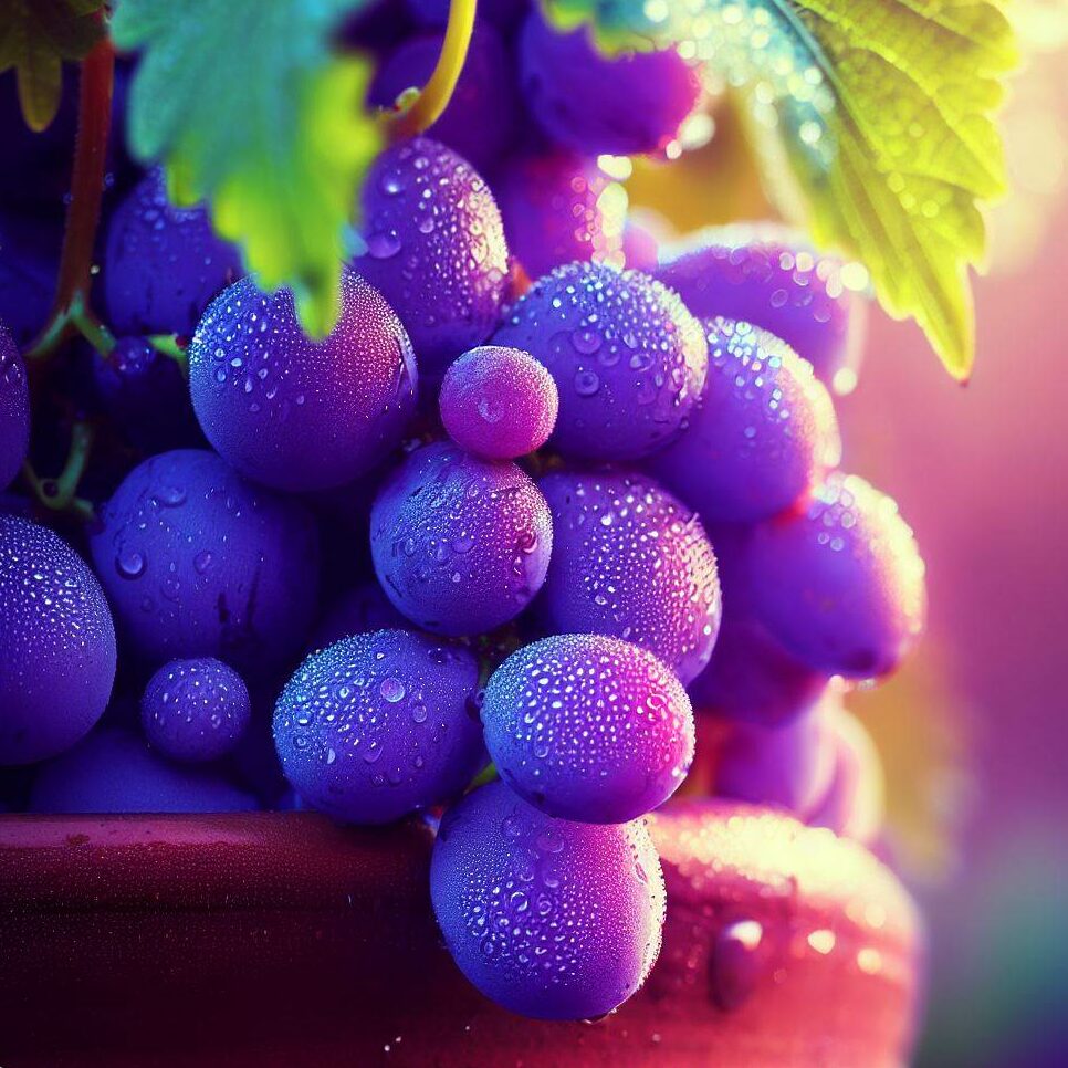 A close-up of ripe grapes on a vine in a pot