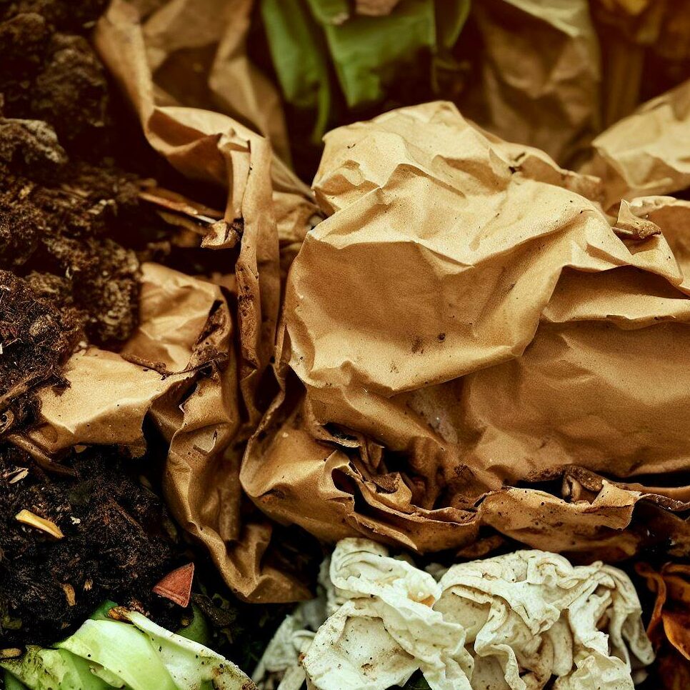 A compost pile with paper bags