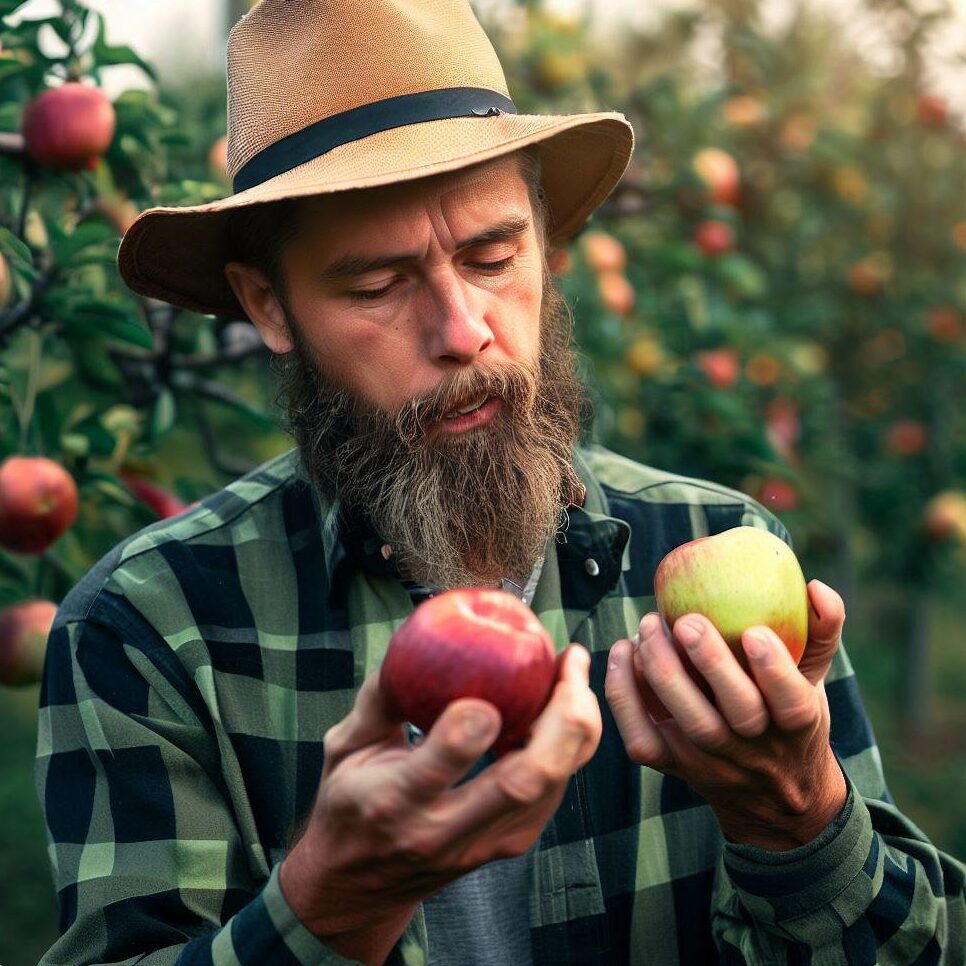 A farmer inspecting apple quality in an orchard