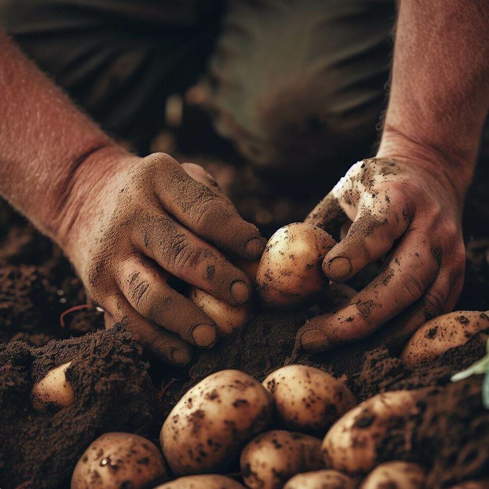 A gardener harvesting potatoes