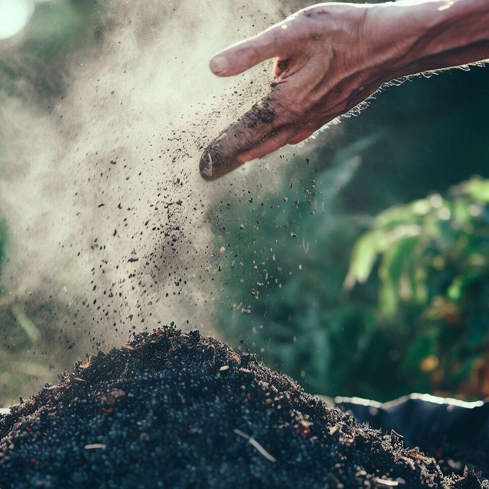 A gardener's hands sprinkling wood ash over a compost heap