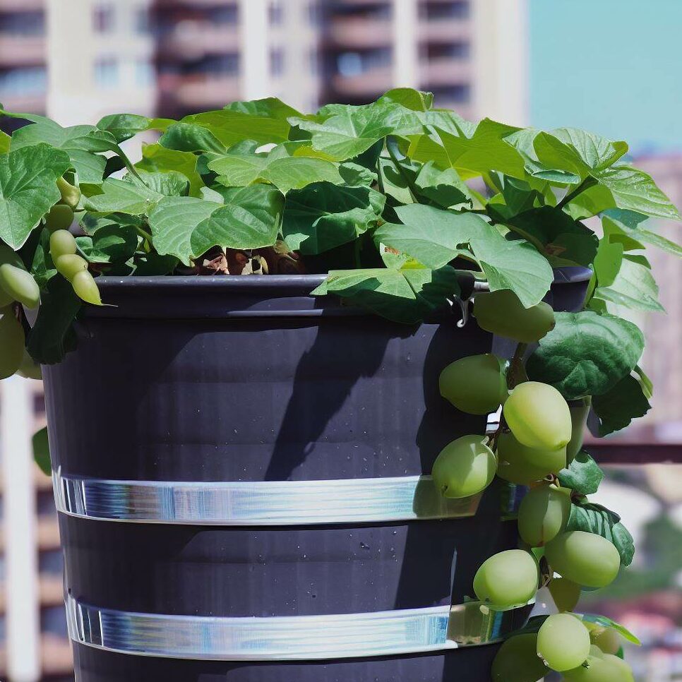 A grapevine in a 5-gallon bucket