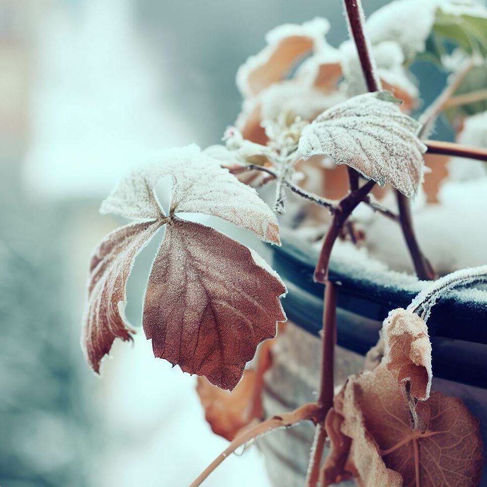 A grapevine in a container during winter