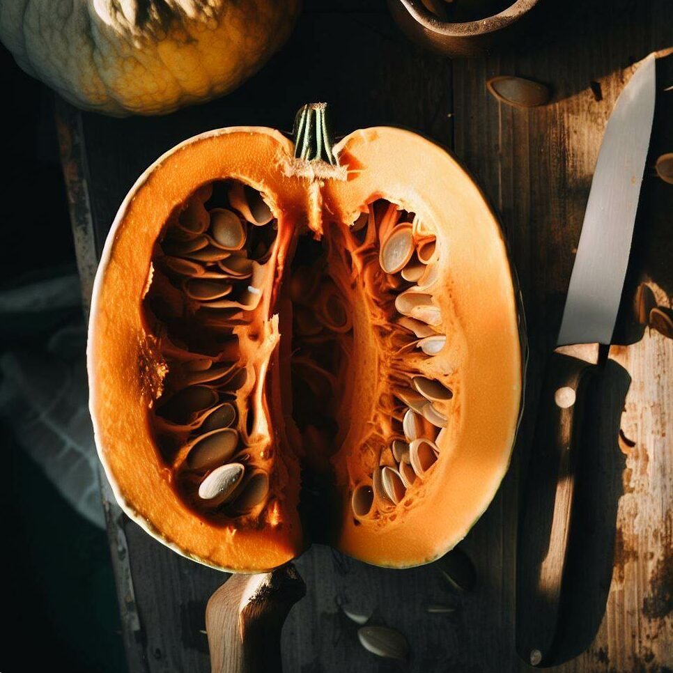 A high angle shot looking inside a halved pumpkin