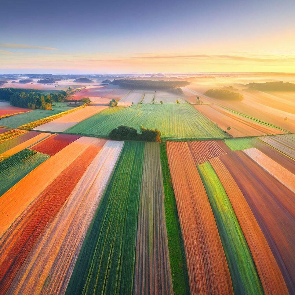 A panoramic view of a farm showcasing different stages of crop rotation