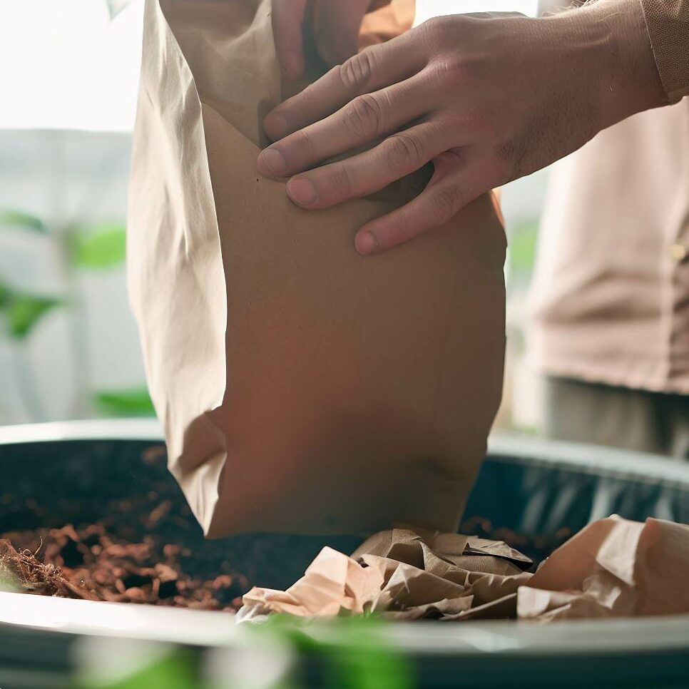 A person composting paper bags at home