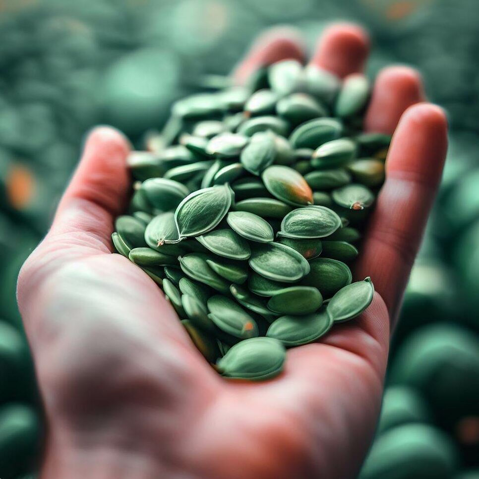 A photo of a hand holding many green pumpkin seeds